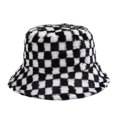 Ins Checkerboard Hat Women's Korean Version Plush Pink Bucket Hat