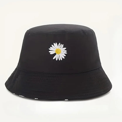 Unisex Daisy Print Bucket Hat - Black/Yellow Reversible Sun Hat