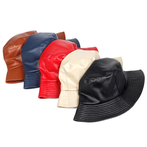 Unisex Solid Color Label Personality Pu Leather Bucket Hats Fishermen Caps