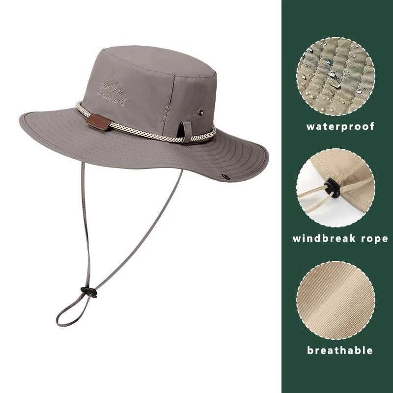 Men Bucket Hat Summer Leather Rope Chain Sun Hat Waterproof