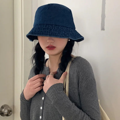 Washed Denim Bucket Hat for Women Men Retro Wide Brim Fisherman Cap