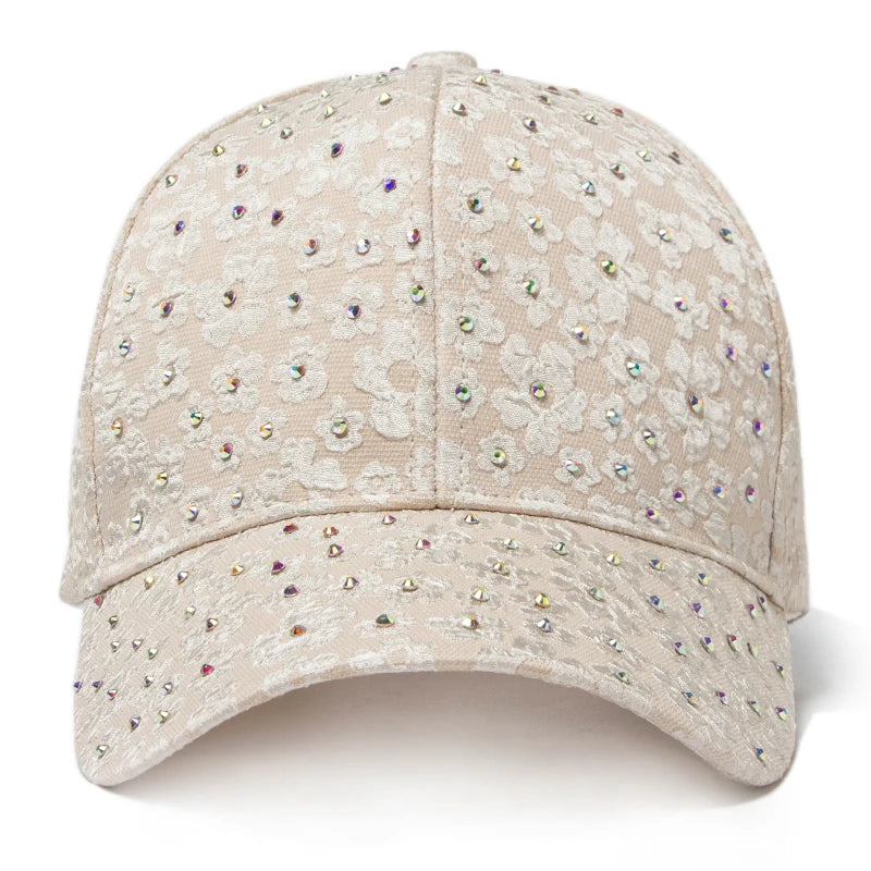 CNTANG Summer Women Rhinestone Baseball Cap Flower Embroidery Hats