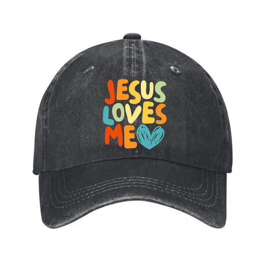 Jesus Loves Me Colorful Typography Heart Washed Baseball Cap