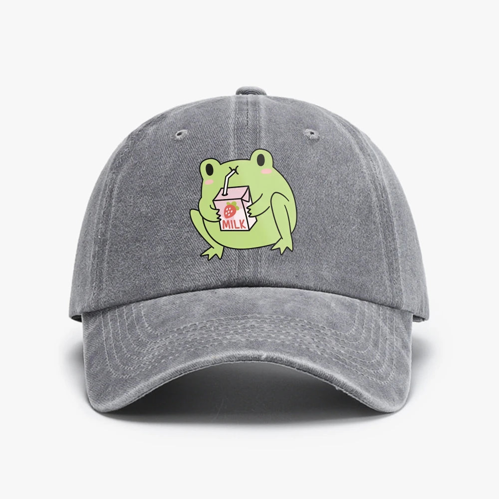 Cute Strawberry Milk Frog rint Washed Baseball Cap