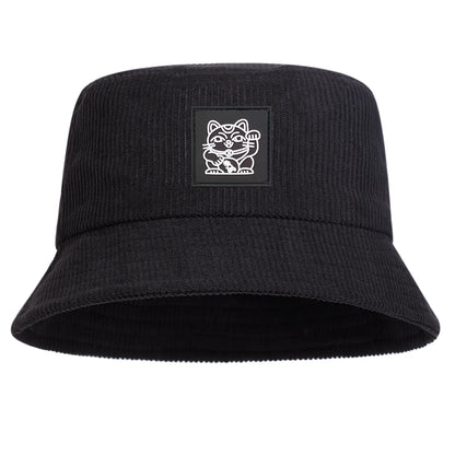 Unisex Lucky Cat Label Personality corduroy Bucket Hats Fisherman Caps Outdoor