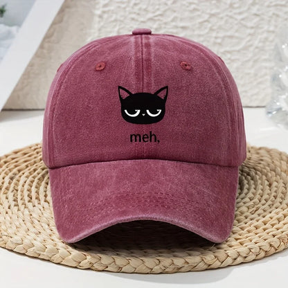 Cartoon Black Cat Print Vintage Washed Baseball Cap