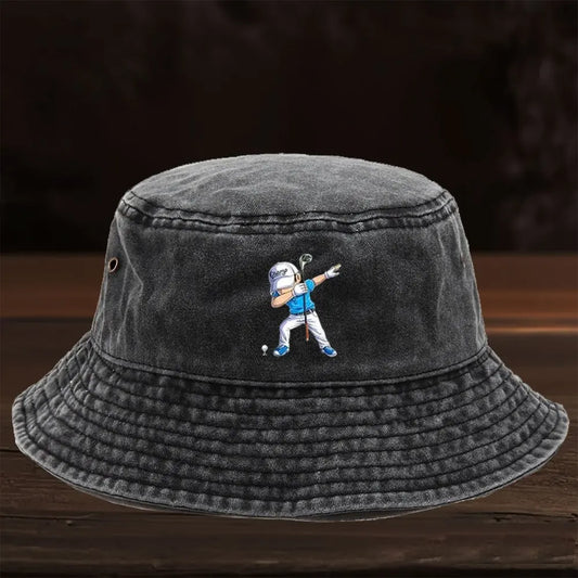 A Limited Edition Washed Bucket Hat Featuring a Cartoon Golf Figure Print Design