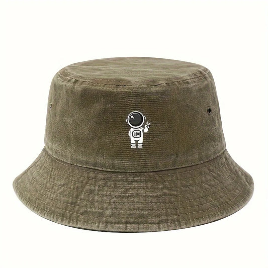 Astronaut Printed Bucket Hat - Vintage Washed Design, Sun Protection For Outdoor Activities