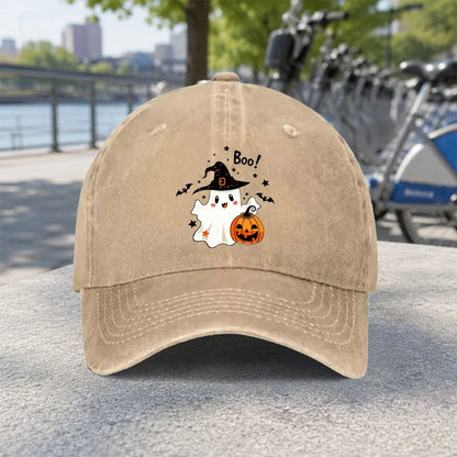 Lovely Boo Ghost Witch Pumpkin Bat Print Washed Baseball Cap