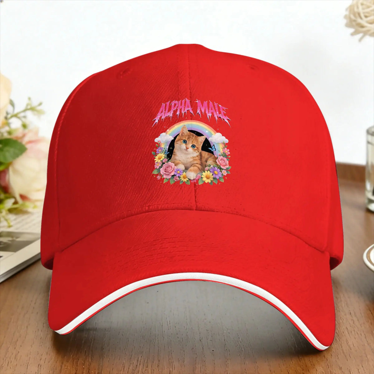 Alpha Male Funny Kitten Rainbow Floral Hilarious Cat Meme Cat Lovers Baseball Cap
