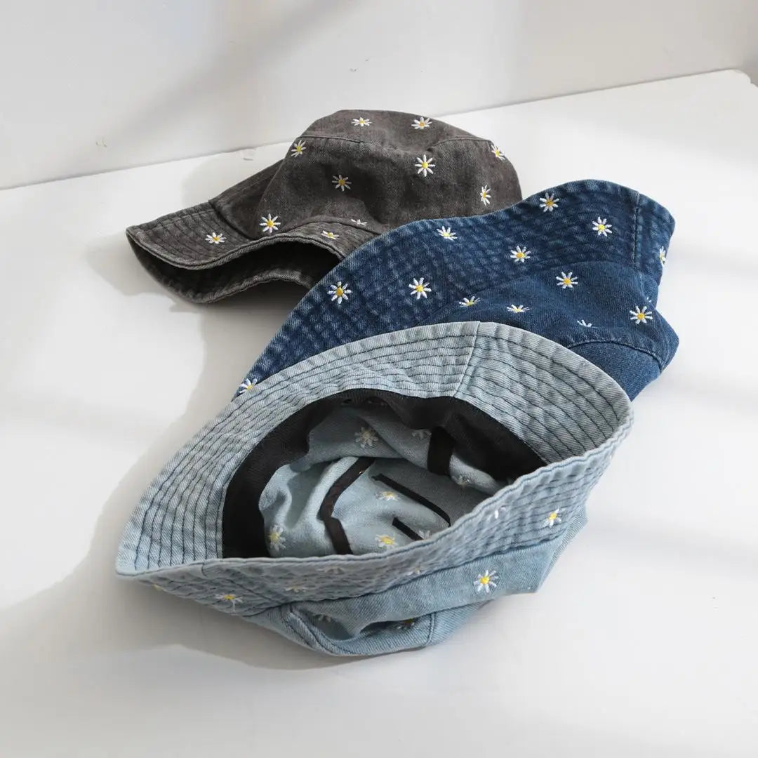 Unisex Hats Daisy Embroidery Simple Fashionable Trendy Versatile Korean Cowboy Bucket Hats