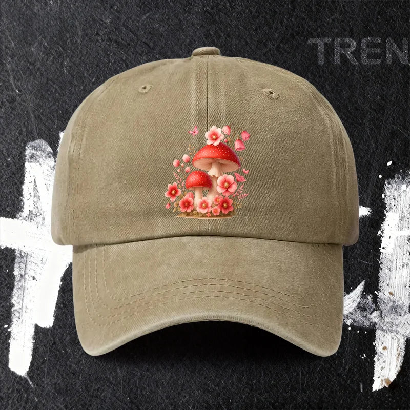 Baseball Cap with Mushroom and Flower Print