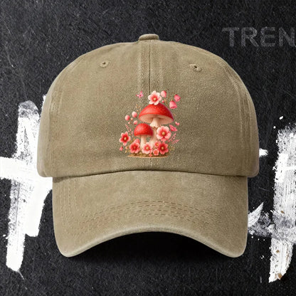 Baseball Cap with Mushroom and Flower Print