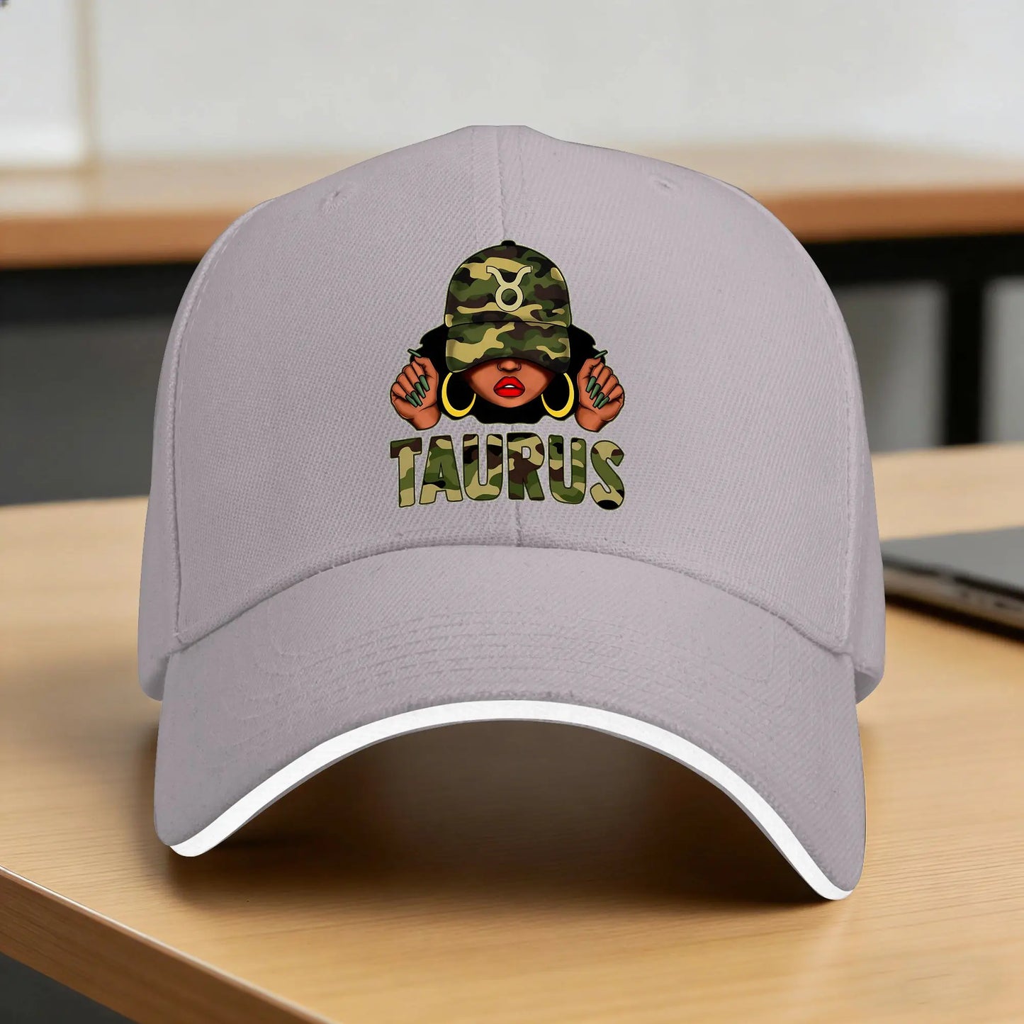Taurus Queen Black Woman with Cap Camo Sun Baseball Cap