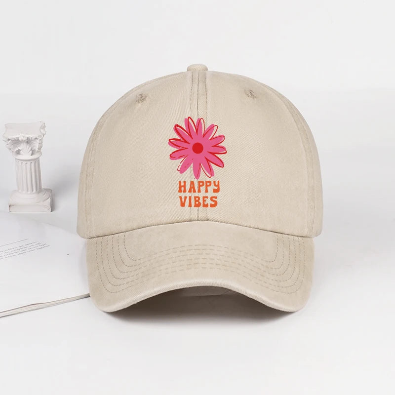 Happy Vibes Floral Print Washed Baseball Cap