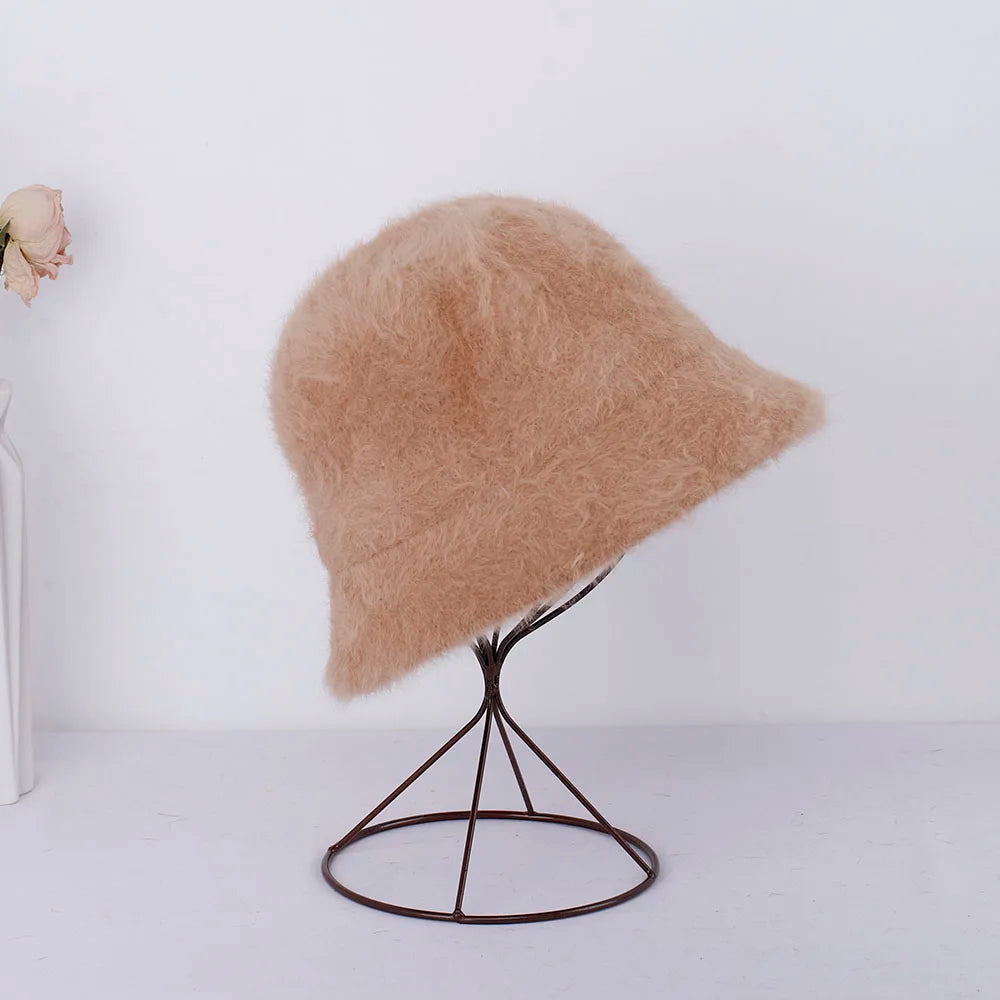 New Hat Winter Women's Fashion Solid Color Rabbit Fur Hat Bucket Cap