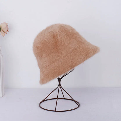 New Hat Winter Women's Fashion Solid Color Rabbit Fur Hat Bucket Cap
