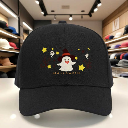 Halloween Ghost And Witch Hat Baseball Cap Cartoon Style with Spooky Stars And Trees