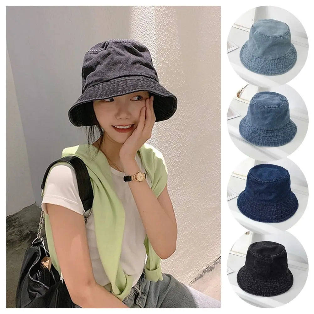 Unisex Cotton Bucket Hats Women Summer Sunscreen Panama Hat Men Denim