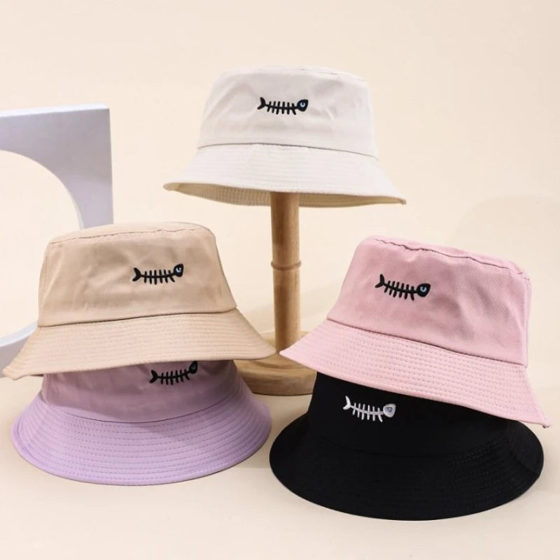 Bucket Hats Embroidery Fishbone Pattern Fisherman Cap Candy Colors Hat For Women Men