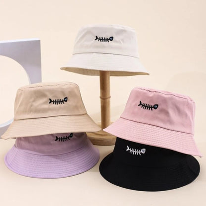 Bucket Hats Embroidery Fishbone Pattern Fisherman Cap Candy Colors Hat For Women Men