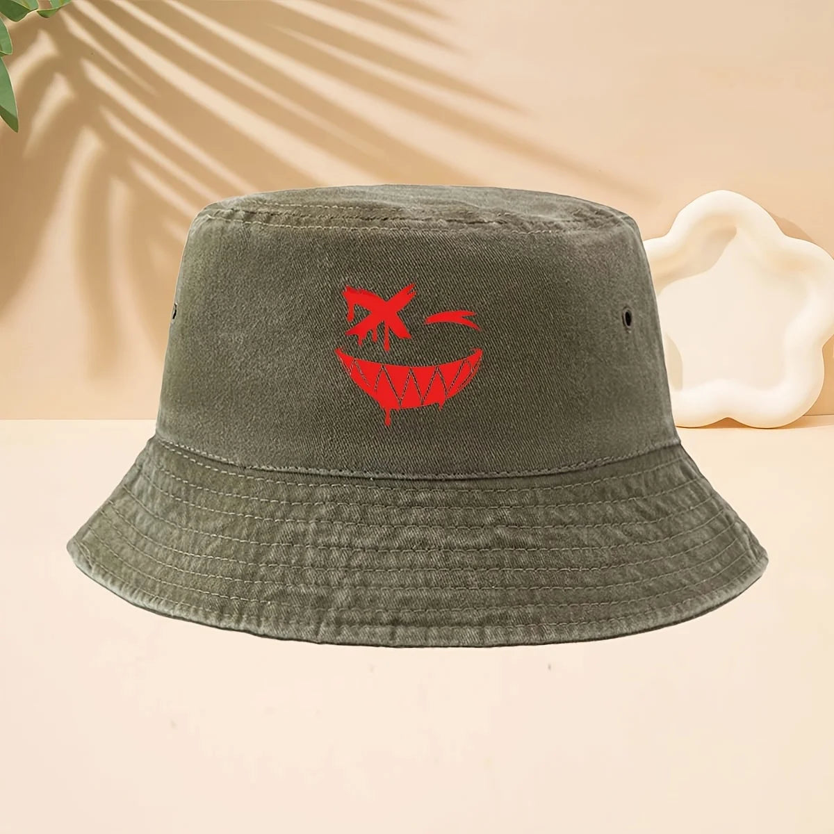 FiFunny Smiley Face Pattern American Retro Dark Funny High Street Style Bucket Hat