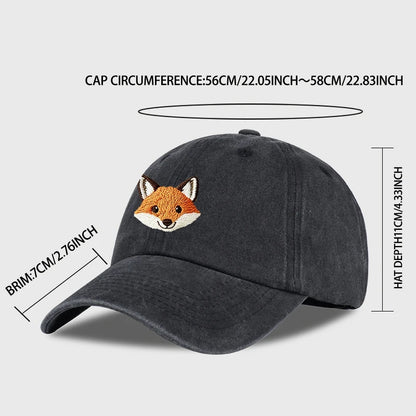 Cute Fox Embroidered Vintage Washed Baseball Cap