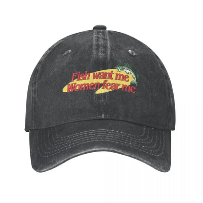 Fish Want Me Women Fear Me Baseball Cap Fashion Distressed Cotton Sun Cap