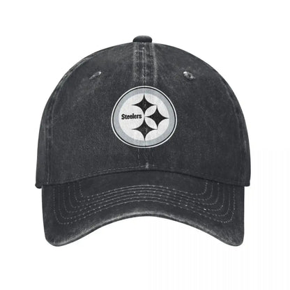 Black and White Steeler Logo Baseball Caps Vintage Denim Washed Headwear