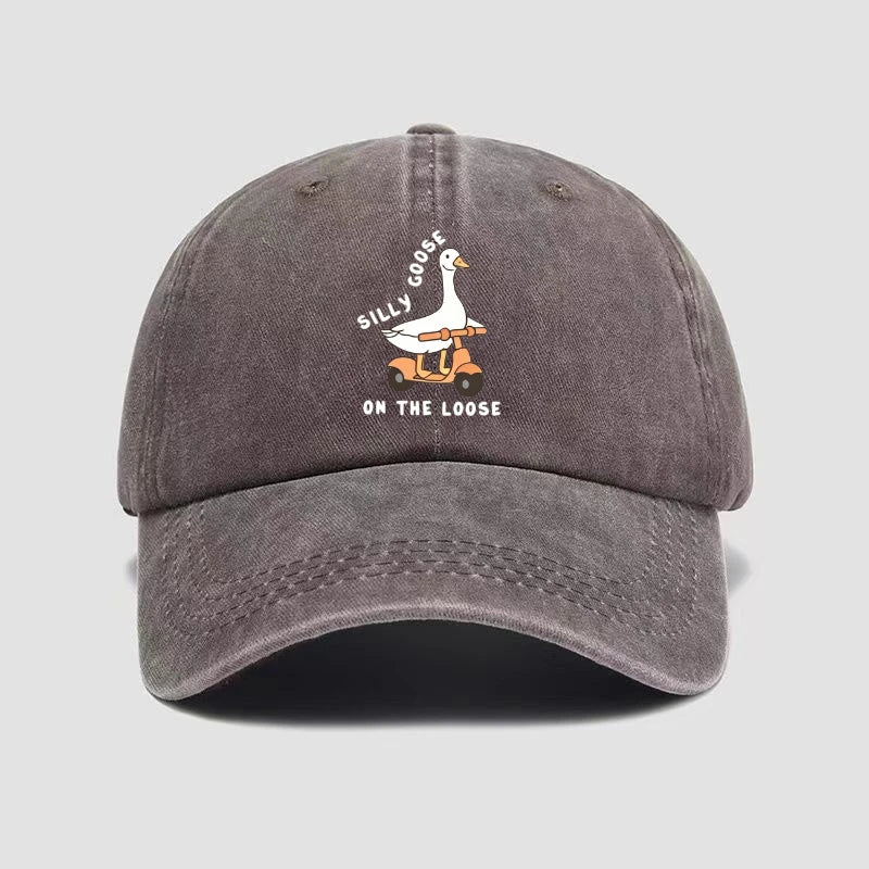 Skateboarding Duck Print Washed Baseball Cap