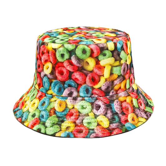 Donut Pattern Bucket Hat Cartoon Graffiti Printing Fisherman Hats Double Sided Panama Cap Men Women