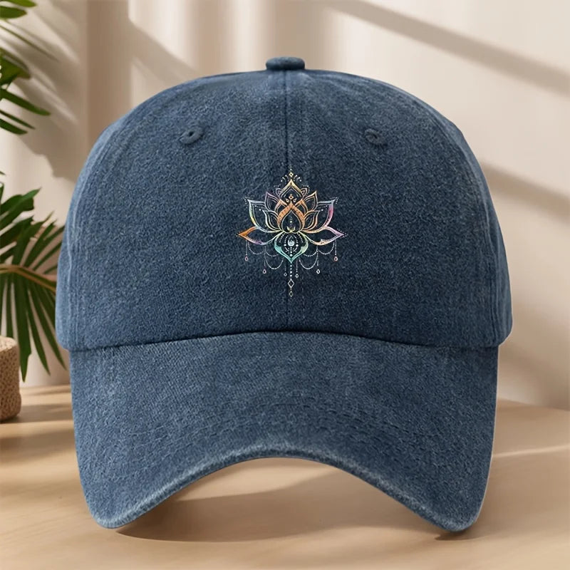 Vintage Versatile Cartoon Lotus Print Washed Vintage Soft Top Sunshade Baseball Cap