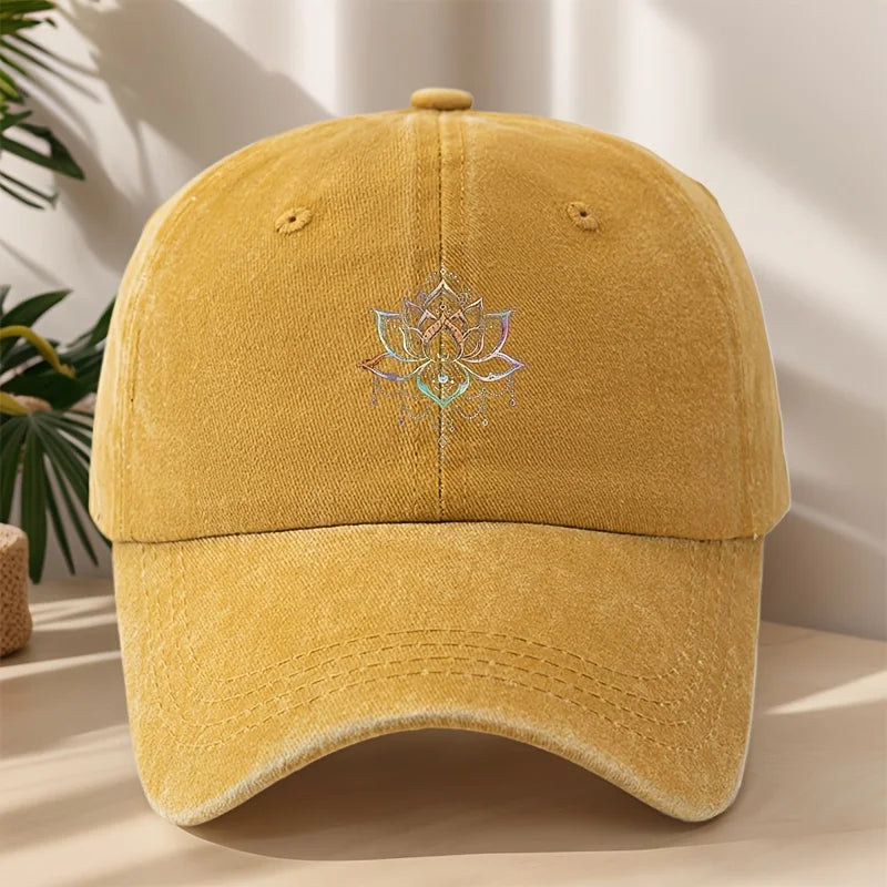 Vintage Versatile Cartoon Lotus Print Washed Vintage Soft Top Sunshade Baseball Cap