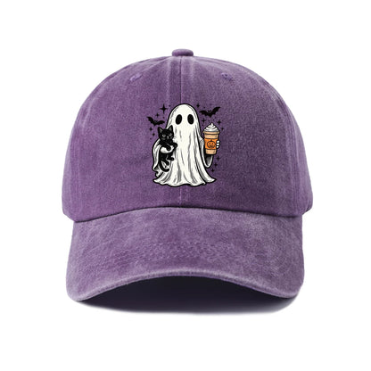 Vintage Washed Ghost Black Cat Coffee Graphic Baseball Cap