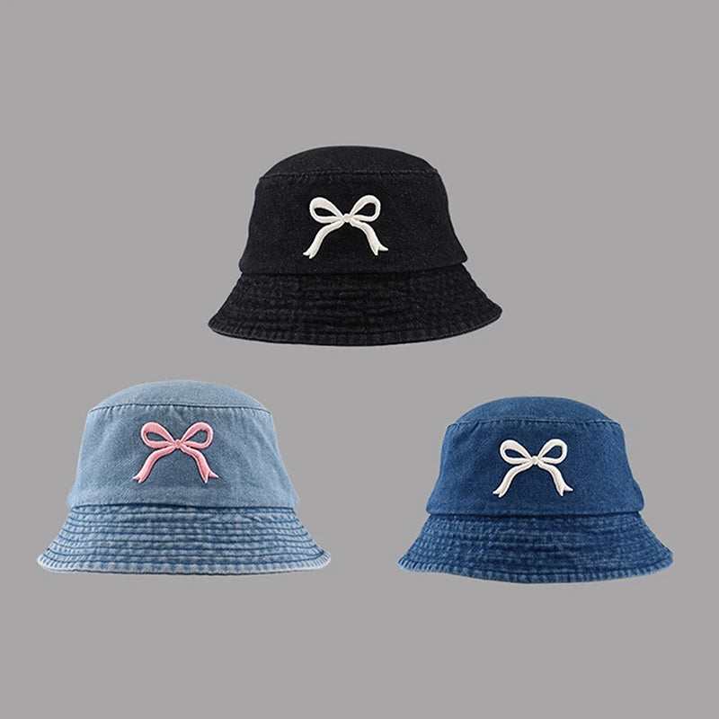 New Embroidery Butterfly Cotton Denim Bucket Hat