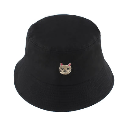 New Summer Cat Embroidery Fisherman Cap Soild Color Cartoon Cute Bucket Hat Women Men