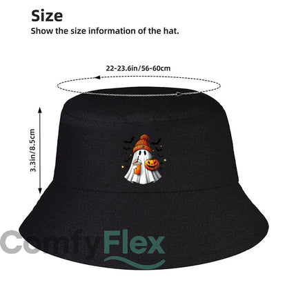 Cute Halloween Ghost With Knitted Beanie Pumpkin And Bubble Tea Bucket Hat