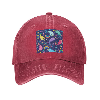 Rainbow Narwhals Under the Sea Blue Washed Denim Cap Casual Baseball Caps