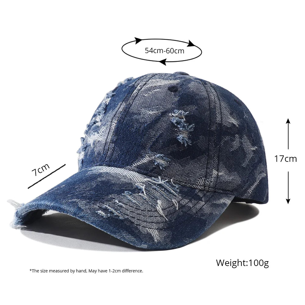 Vintage Distressed Denim Baseball Cap Hip Hop Streetwear Washed Ripped