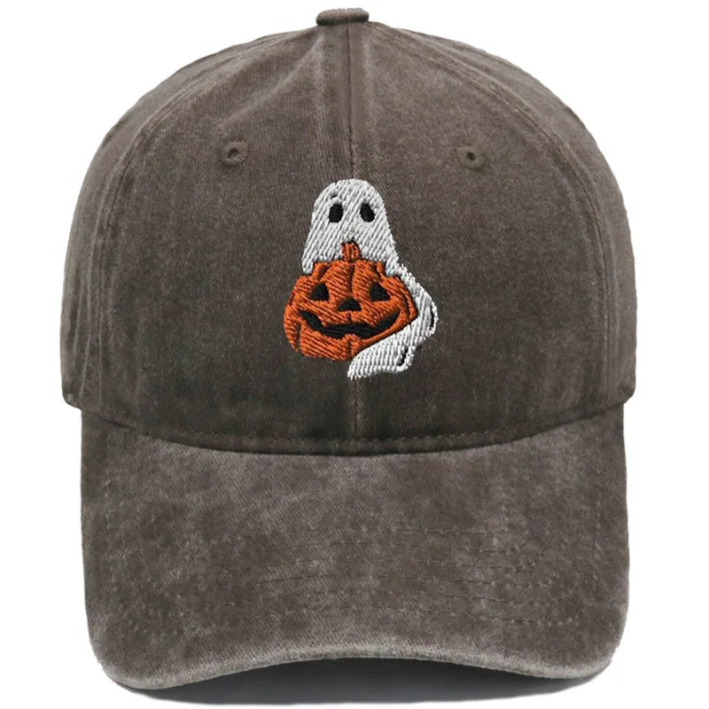 Vintage Washed Ghost Wrapping Pumpkin Embroidery Baseball Cap