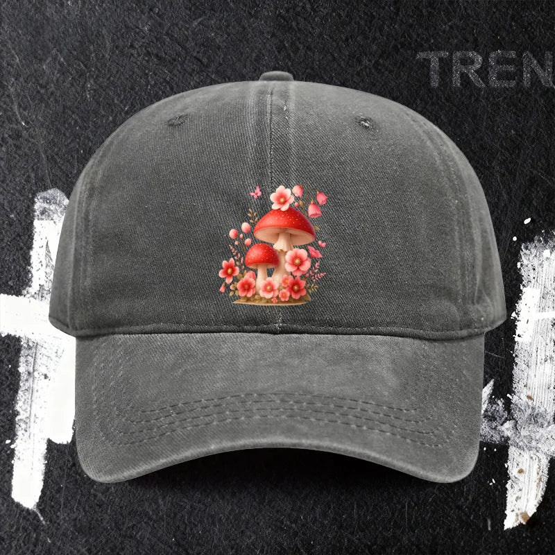 Baseball Cap with Mushroom and Flower Print