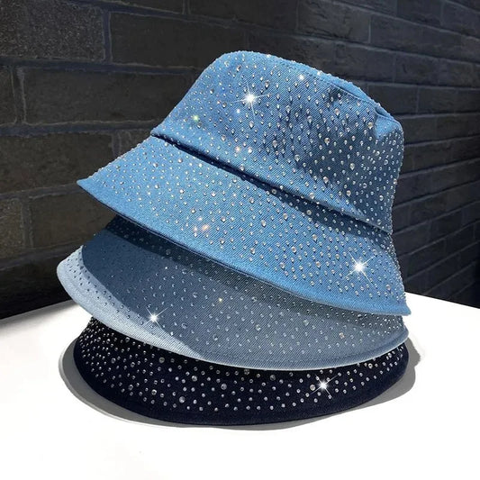 Denim Fisherman Hat Women's Korean Version Spring And Rhinestone Fashion Trend Bucket Hat