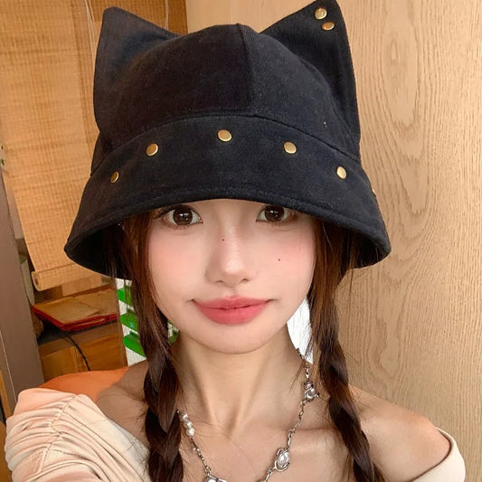 Cute Three dimensional Cat Ears Rivets Personalized Bucket Hat