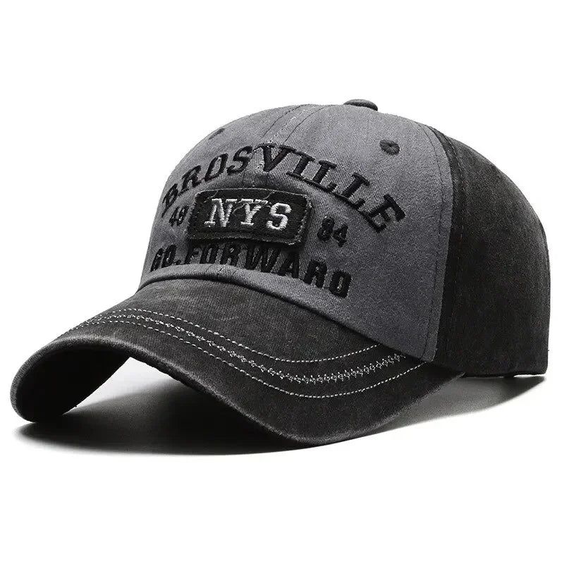 Four Seasons Men Baseball Cap Casual Distressed Cotton Letter Embroidered Cap Bent Brim Dome