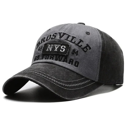 Four Seasons Men Baseball Cap Casual Distressed Cotton Letter Embroidered Cap Bent Brim Dome