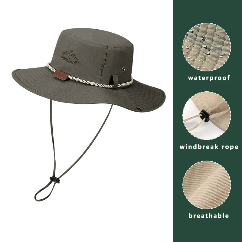 Men Bucket Hat Summer Leather Rope Chain Sun Hat Waterproof