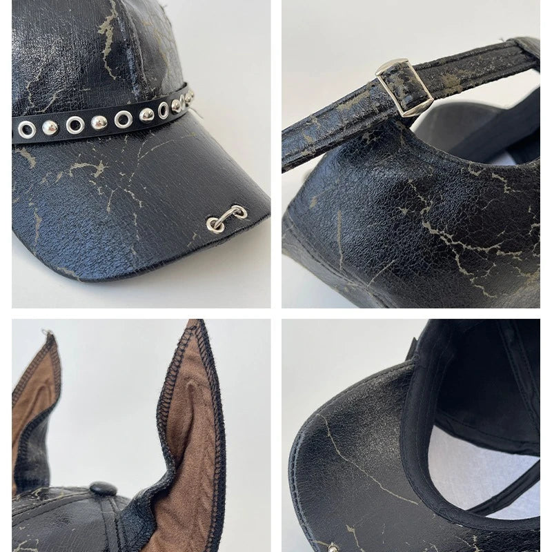 Niche Punk Leather Rivet Dog Ears Baseball Caps