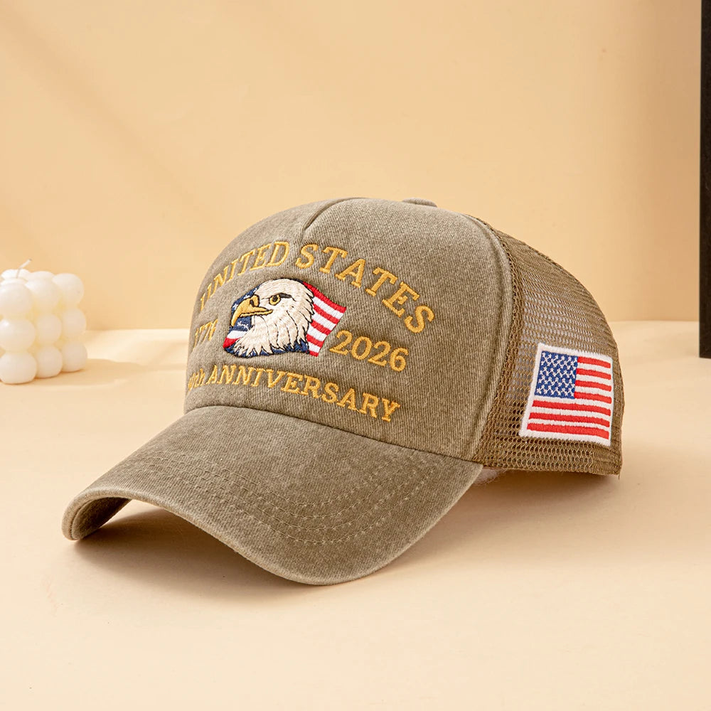 United States 250th Anniversary 1776-2026 Bald Eagle Embroidered Washed Mesh Baseball Cap