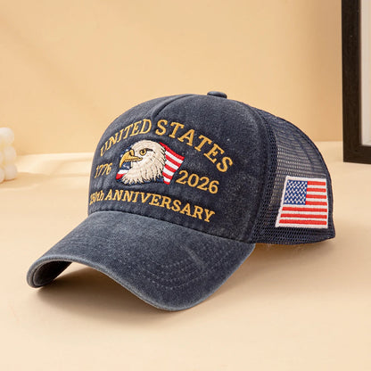 United States 250th Anniversary 1776-2026 Bald Eagle Embroidered Washed Mesh Baseball Cap