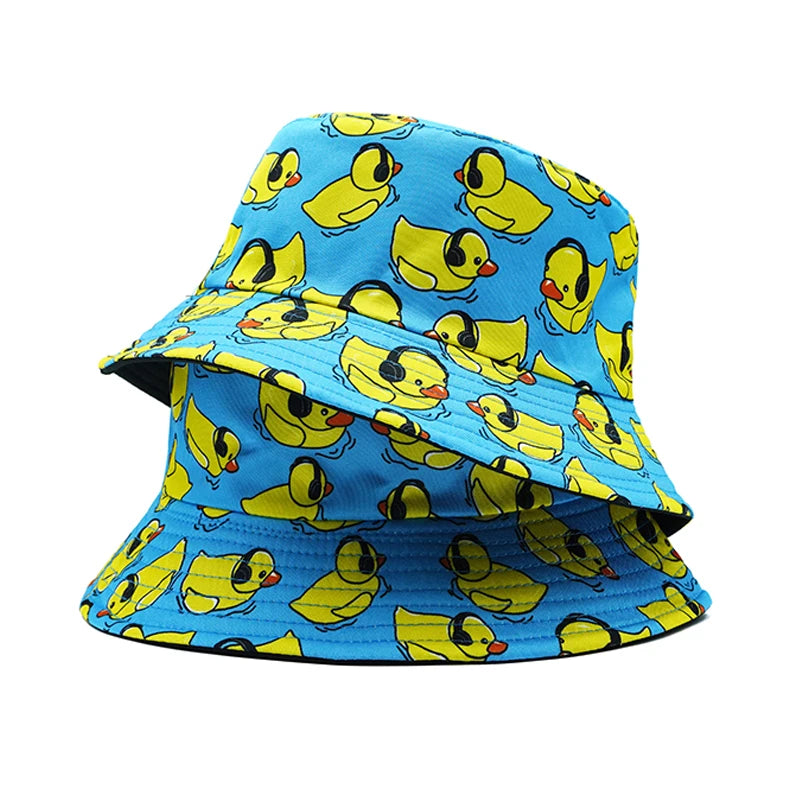 Top Music Duck Bucket Hat Earphone Headphone Pop Cartoon Printing Pattern Fisherman Hats